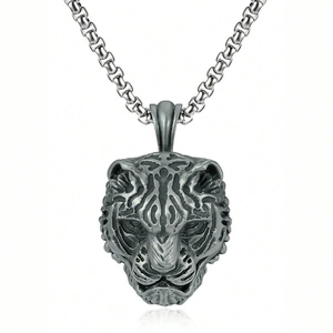 Collier avec pendentif tête de tigre pour homme en acier inoxydable argent vieilli