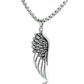 Close-up of silver feather pendant necklace with detailed wing texture and box chain
