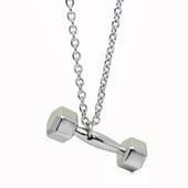 Detailed view of polished stainless steel dumbbell pendant necklace for fitness enthusiasts