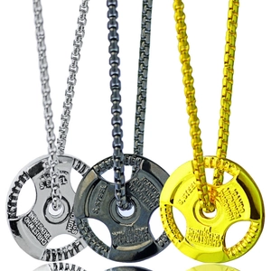 Fitness barbell disc necklace in silver, black, and gold stainless steel finish