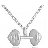 Detailed close-up of a silver dumbbell pendant with a classic link chain for men