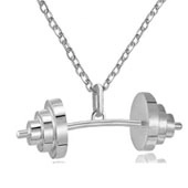 Detailed close-up of a silver dumbbell pendant with a classic stainless steel cross chain