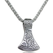 Detail of Viking axe pendant necklace with retro relief textures on a silver wheat chain