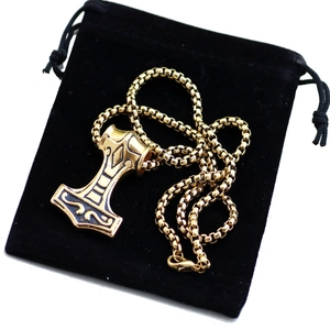 Vintage gold stainless steel Thor's hammer Mjölnir pendant necklace with black velvet pouch