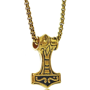 Vintage gold Mjolnir pendant necklace in stainless steel with a square box chain