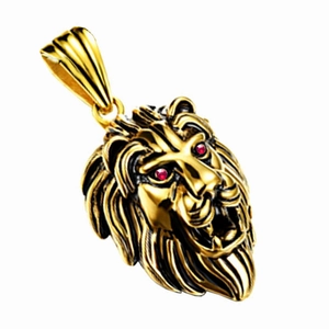 Pendentif tête de lion doré vintage avec yeux rouges pour bijoux de mode homme