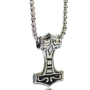 Vintage stainless steel Mjolnir pendant necklace with Nordic engravings on white background