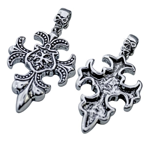 Gothic silver skull cross pendant necklace for men with lily accents and punk rock aesthetics
