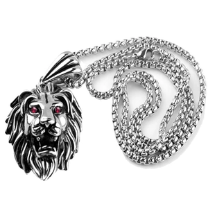 Collier vintage avec pendentif tête de lion en acier inoxydable et yeux rouges