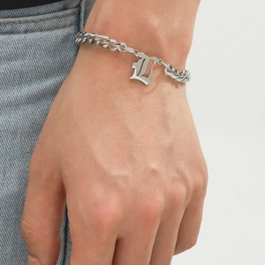 Gothic Old English Initial Letter Pendant Cuban Link Chain Bracelet For Men Women Stainless Steel Hip Hop Jewelry Gift