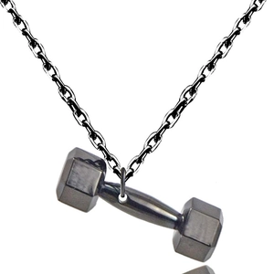 Detailed view of heavy dark grey stainless steel dumbbell pendant with link chain