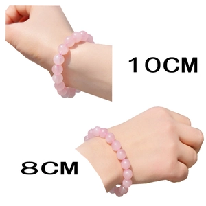 Pink quartz beaded bracelets showcasing 8mm and 10mm round bead size comparisons