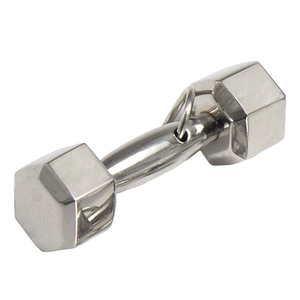 Polished silver dumbbell pendant necklace for men with glossy metallic hexagonal design