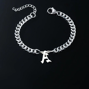Silver stainless steel Cuban link bracelet with Gothic letter A pendant and lobster clasp