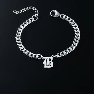 Polished stainless steel curb chain bracelet with gothic letter B pendant for unisex
