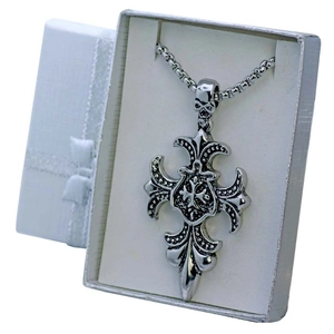 Gothic skull cross pendant in vintage silver finish with chain in white jewelry box