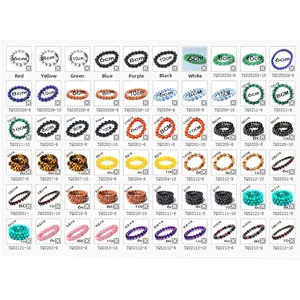 Detailed grid of natural malachite and quartz beaded bracelets in multiple sizes