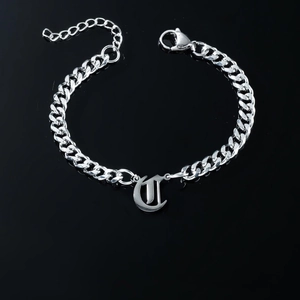 Unisex stainless steel cuban chain bracelet featuring a gothic letter U pendant with lobster clasp