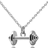 Detailed close-up of a tiny silver barbell pendant necklace for fitness enthusiasts