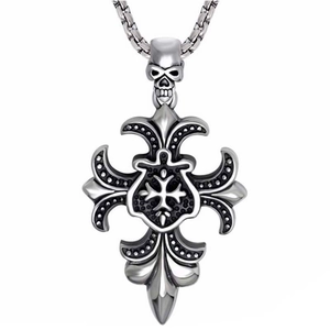 Gothic Vintage Stainless Steel Skull Cross Pendant Necklace Retro Fleur-De-Lis Relief Necklace Jewelry For Men Women Daily Punk Gift