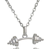 Detailed close-up of a silver barbell pendant necklace featuring a polished fitness design
