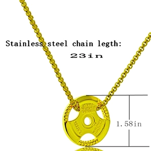 Detail view of gold barbell plate pendant with size measurements and 23 inch chain