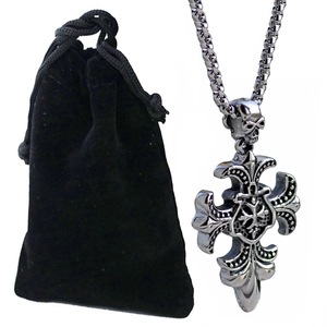 Gothic stainless steel skull cross pendant necklace with round bead chain and velvet pouch