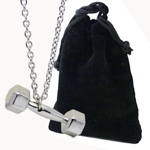 Polished silver dumbbell pendant necklace with matching O-chain and black velvet pouch