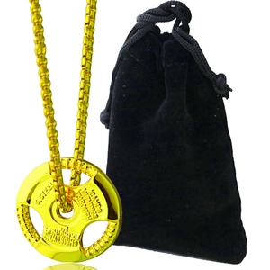 Golden barbell plate pendant necklace in stainless steel with a black velvet gift pouch