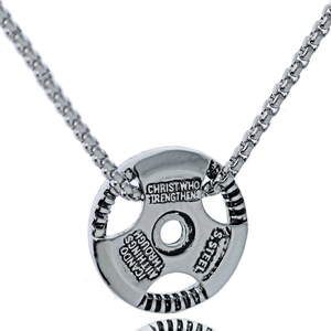 Macro detail of stainless steel barbell plate pendant with engraved inspirational text