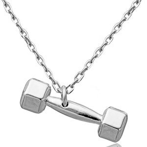 Fitness dumbbell pendant necklace in silver stainless steel with polished finish for men