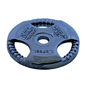 Detail of black stainless steel weight plate pendant with motivational engraving