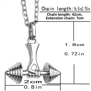 Detail view of silver dumbbell pendant necklace with hand grip and dimension markings