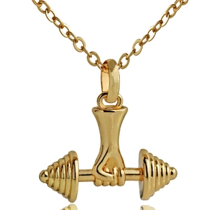 Golden fitness dumbbell pendant necklace with fist grip design on a polished link chain
