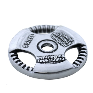 Macro detail of stainless steel barbell pendant with engraved biblical motivational text