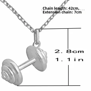 Macro view of dumbbell gym pendant with detailed 42cm chain and 7cm extension measurements