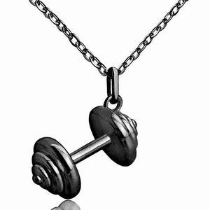 18K gold fitness necklace with black dumbbell pendant for women in minimalist geometric style