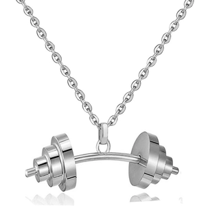 Polished silver barbell pendant necklace for fitness enthusiasts on white background
