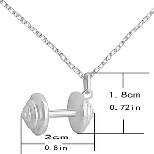 Detailed view of silver barbell pendant necklace showing dimensions 2cm by 1.8cm