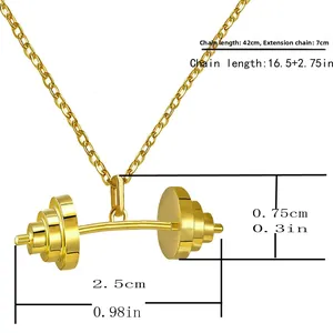Detailed size specifications for gold dumbbell pendant necklace with measurement lines