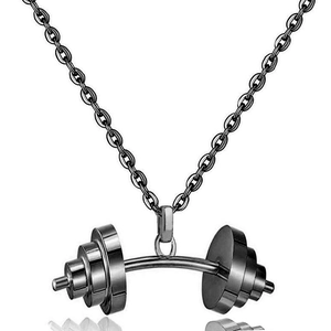 Macro view of a curved barbell fitness pendant in dark grey steel with solid O-chain