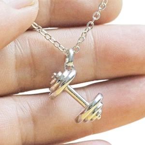 Polished barbell pendant necklace for fitness lovers on a delicate cable chain