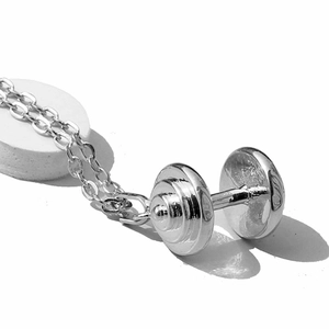 Minimalist barbell pendant necklace in polished silver finish for fitness enthusiasts