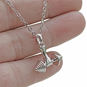 Silver dumbbell hand pendant necklace for women featuring a minimalist fitness theme