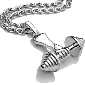 Polished silver dumbbell pendant necklace with slim O-chain for fitness lovers