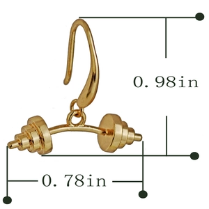 Golden dumbbell earrings for fitness lovers with height and width measurement labels