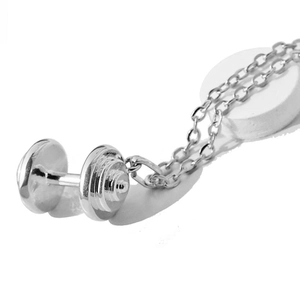 Polished silver barbell pendant necklace for women gym enthusiasts on white stand