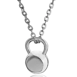 Polished silver kettlebell pendant necklace featuring a durable metal chain for fitness fans