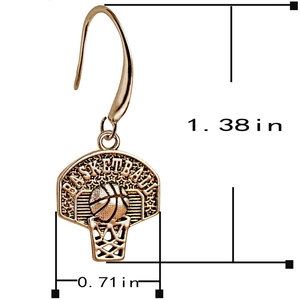 Detailed view of rose gold basketball hoop earrings with 1.38 x 0.71 inch size dimensions
