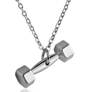 Polished silver dumbbell pendant necklace with durable steel cross chain for fitness style